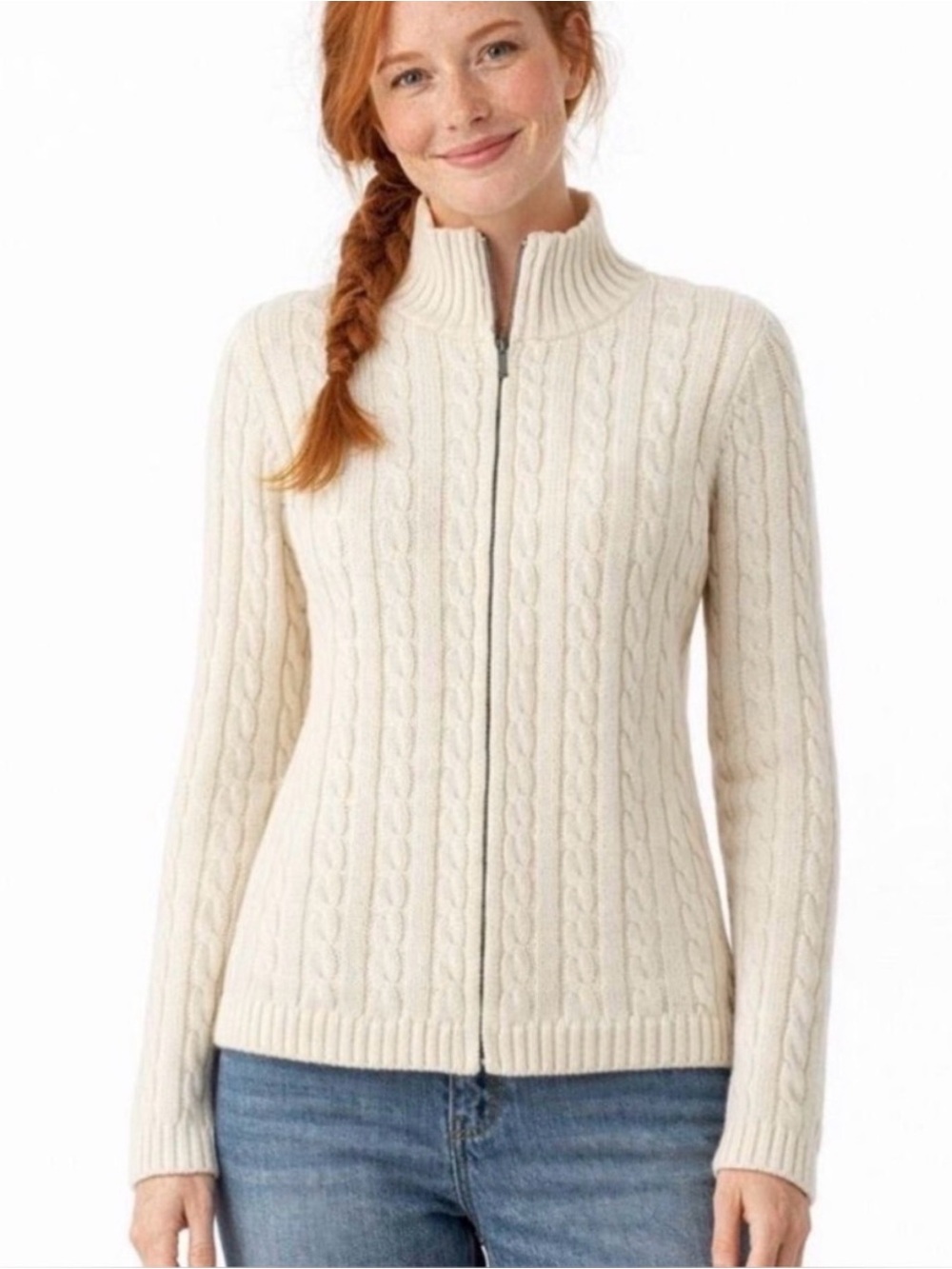 L.L. Bean Women's Pale Pink Cable-Knit Zip Cardigan